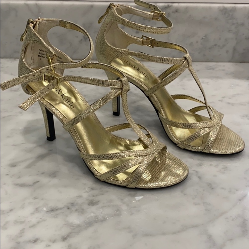 Kelly + Katie strappy champagne metallic heels